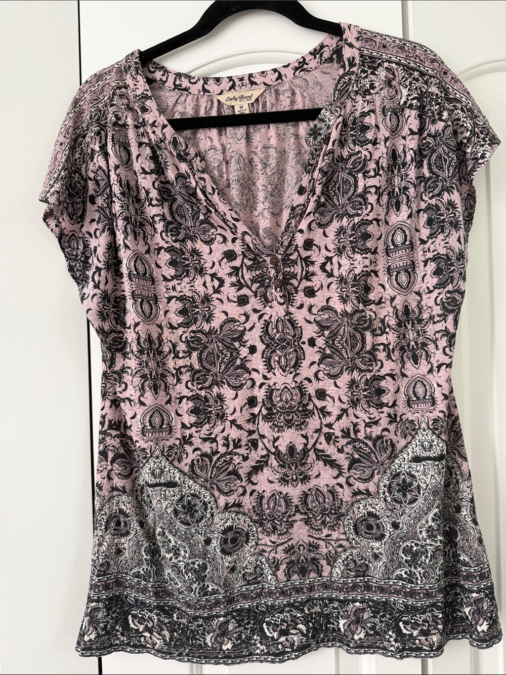Lucky Brand Pink and Black Paisley V-Neck Tunic Top